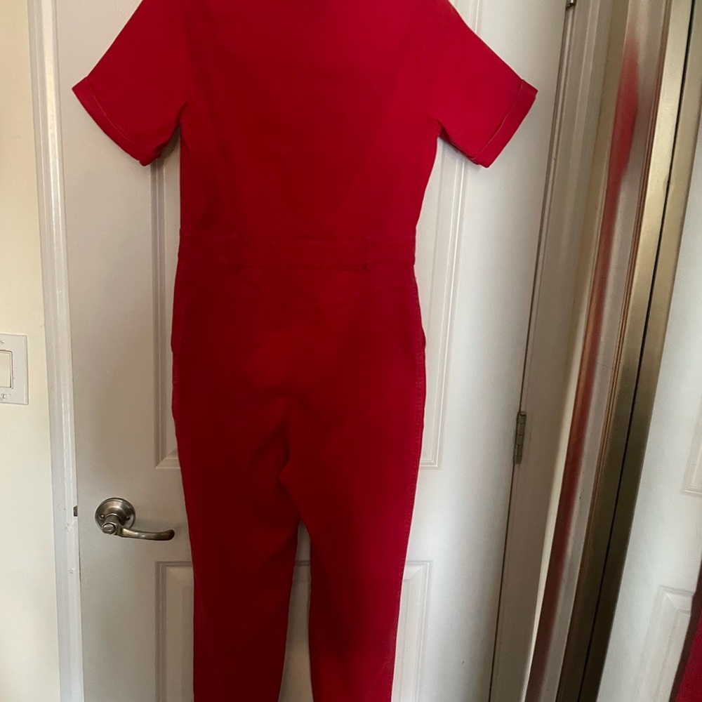 Red Short Sleeve Denim Jumpsuit Boiler Suit - Picture 7 of 11